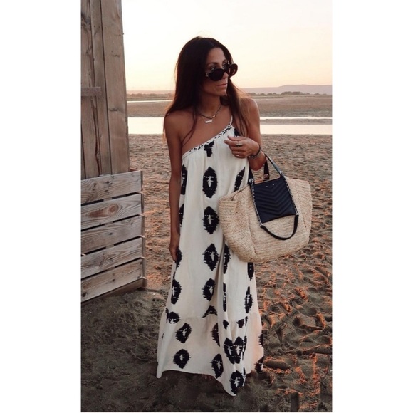 Zara asymmetrical one shoulder braided tie ikat maxi dress M - Picture 5 of 14